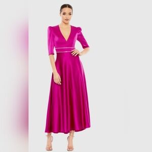 NWT Ieena For Mac Duggal Gown 8 Dress Pink Satin Rhinestone Puff Shoulder Vneck